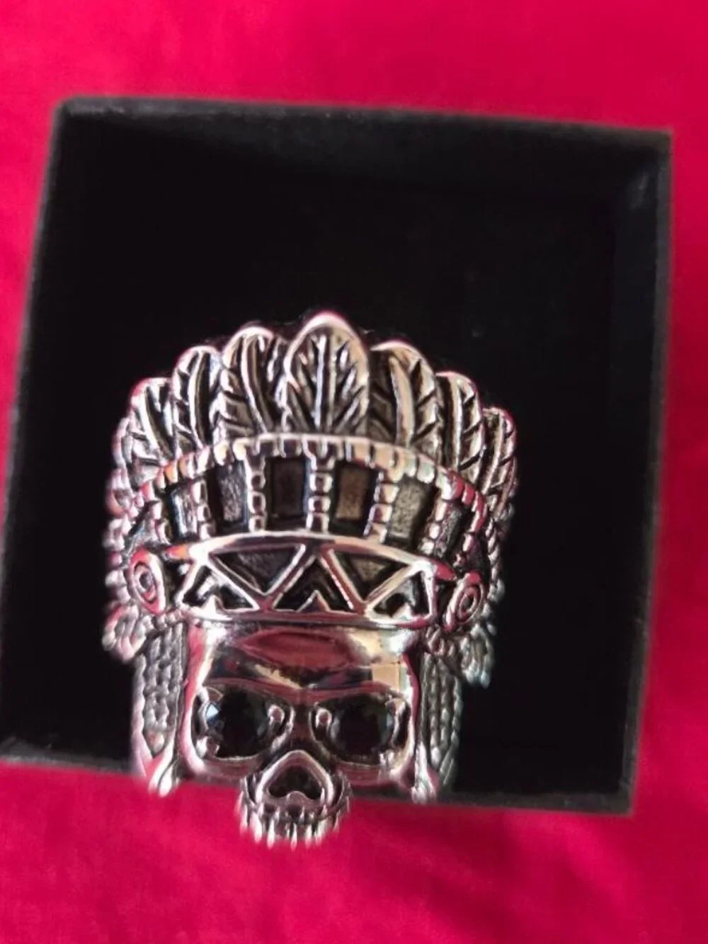 Native American Chief Skull Ring Size 14, CZ Eyes, Indian Head Skull Ring Mens